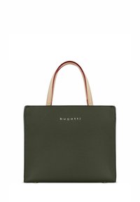 Borsa a mano in pelle verde strutturata di forma quadrata, con manici corti crema con dettagli rossi e logo Bugatti sul davanti.
