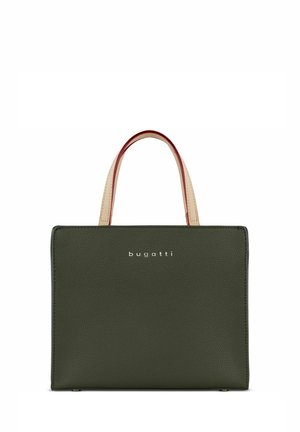 Grüne, strukturierte Lederhandtasche in quadratischer Form, mit kurzen cremefarbenen Griffen und roten Akzenten sowie einem Bugatti-Logo auf der Vorderseite.
