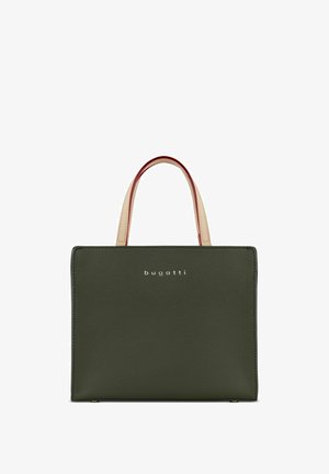Green textured leather handbag with a square shape, featuring short cream handles with red accents and a Bugatti logo on the front.