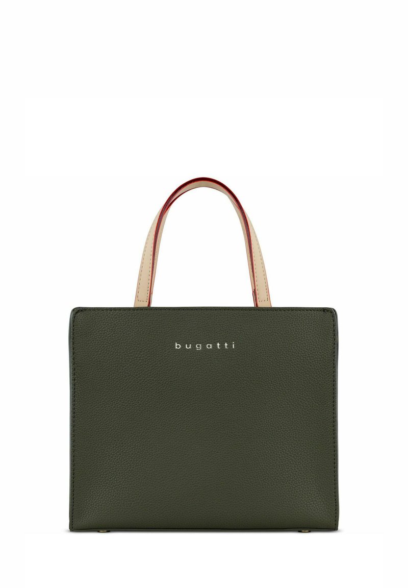 Borsa a mano in pelle verde strutturata di forma quadrata, con manici corti crema con dettagli rossi e logo Bugatti sul davanti.