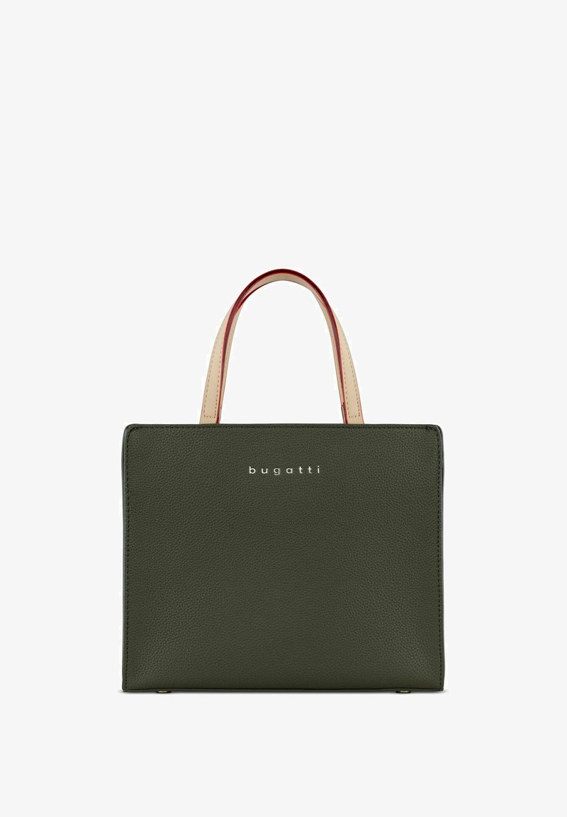 Groene leren handtas met een vierkante vorm, voorzien van korte crèmekleurige handvatten met rode accenten en een Bugatti-logo aan de voorkant.