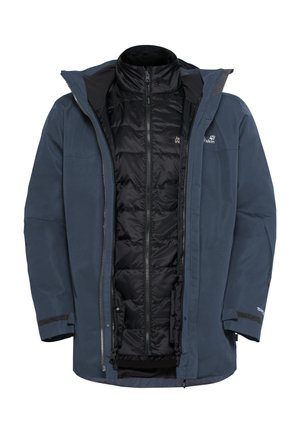 Dunkelblaues, dickes Außenjackett mit abnehmbarer schwarzer isolierender Innenschicht, Reißverschluss vorne und verstellbaren Bündchen. Verfügt über ein Logo und wasserdichtes Material.