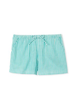 Gestreifte Badehosen in Aqua und Weiß, aus leichtem Stoff, mit elastischem Bund und Kordelzug sowie seitlichen Taschen.