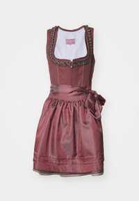 Robe dirndl traditionnelle marron foncé avec garniture décorative, fermeture éclair à l'avant et un tablier en satin brillant noué en nœud à la taille.