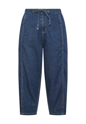 Weit geschnittene, dunkelblaue Denim-Hose mit hoher Taille, verstellbarem Kordelzug und sichtbaren Nahtdetails an der Vorderseite, dargestellt vor weißem Hintergrund.