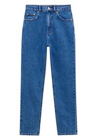 Jean en denim bleu taille haute à jambe droite, avec poches avant et arrière, passants de ceinture et fermeture par boutons.