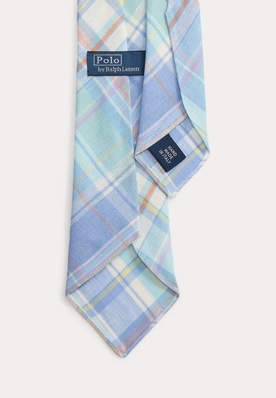 Γραβάτα με ανοιχτό μπλε καρώ και παστέλ κίτρινες, ροζ και λευκές ρίγες, με ετικέτες «Polo by Ralph Lauren» και «Hand Made in Italy».