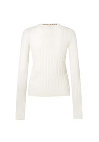 Maglione bianco a costine con maniche lunghe. Presenta un collo a V e il logo "PEPE JEANS" ricamato in marrone sul collo posteriore.