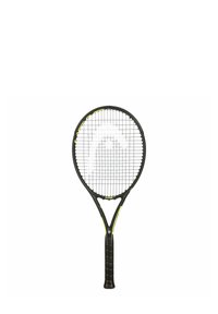 Tennissla met een zwart frame, gele accenten en een gestructureerde grip. Geïnt met een rasterpatroon voor optimale prestaties.