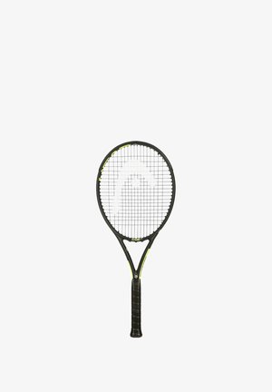 Tennisschläger mit schwarzem Rahmen, gelben Akzenten und strukturiertem Griff. Bespannt mit einem Gittermuster für optimale Leistung.