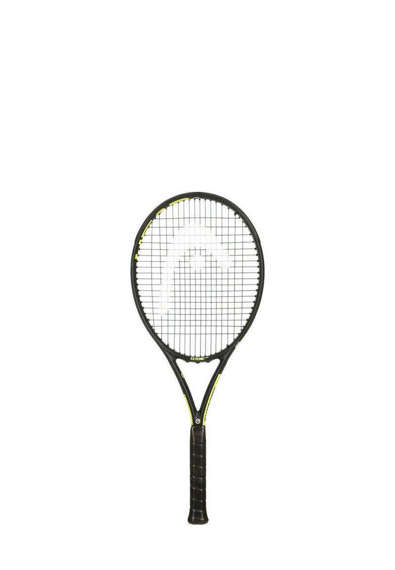 Tennissla met een zwart frame, gele accenten en een gestructureerde grip. Geïnt met een rasterpatroon voor optimale prestaties.