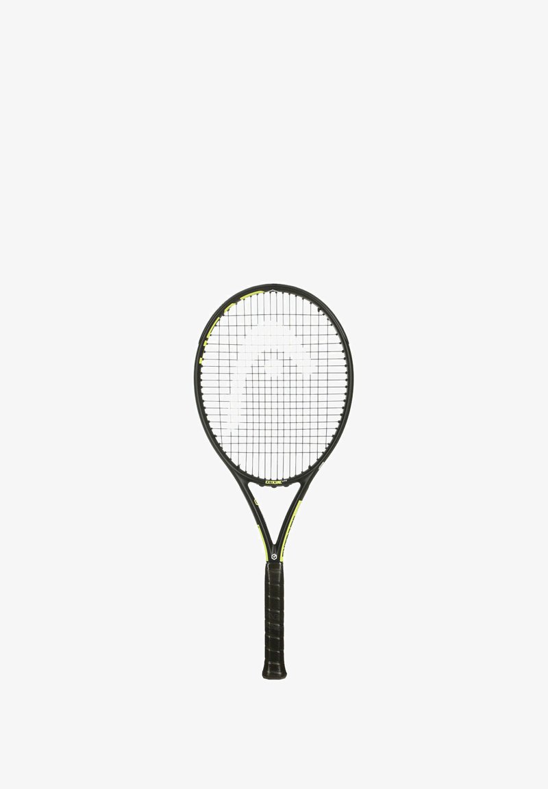 Tennissla met een zwart frame, gele accenten en een gestructureerde grip. Geïnt met een rasterpatroon voor optimale prestaties.