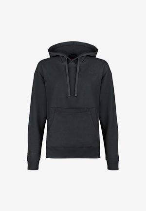Dunkelgrauer Pullover-Hoodie mit vorderer Kängurutasche, Kordelzug an der Kapuze und dezentem Logo auf der Brust sowie am linken Ärmelbündchen, dargestellt vor weißem Hintergrund.