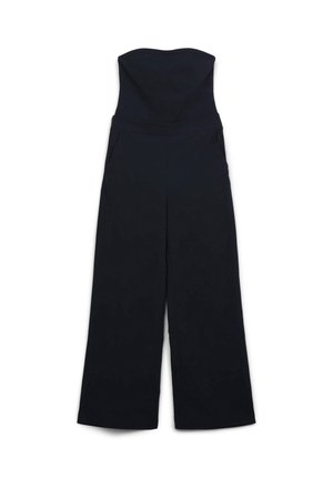 Tuta nera senza spalline con corpino aderente, pantaloni a gamba larga e tasche laterali. Tessuto liscio con un design elegante.