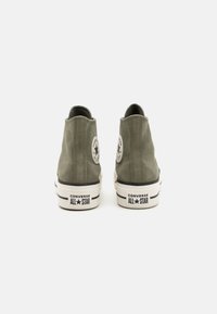Zapatillas altas de ante verde con parche redondo del logo, suela de goma a rayas negras y texto "CONVERSE ALL☆STAR" en el talón.