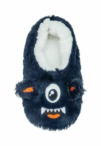 Pantofole pelose blu navy con rivestimento bianco, caratterizzate da un design di mostro con un occhio, zanne e dettagli arancioni su orecchie e bocca.