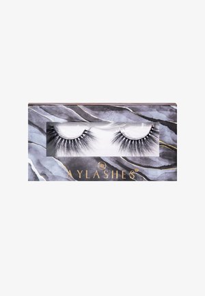 False eyelashes with dense, wispy black fibers in a gray marble-patterned rectangular box with a clear window.