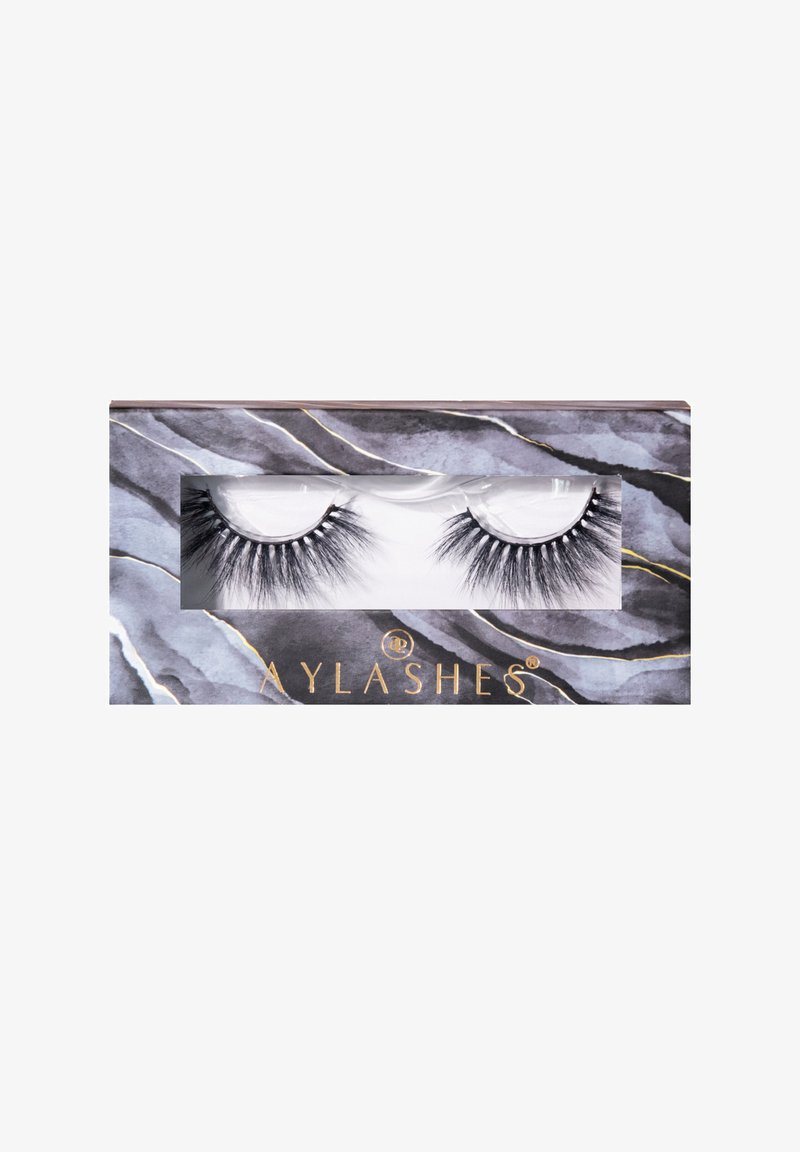 False eyelashes with dense, wispy black fibers in a gray marble-patterned rectangular box with a clear window.