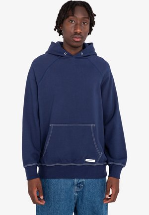 Navy hoodie with a kangaroo pocket, ribbed cuffs, and hem. Features contrasting white stitching and a drawstring on the hood.
