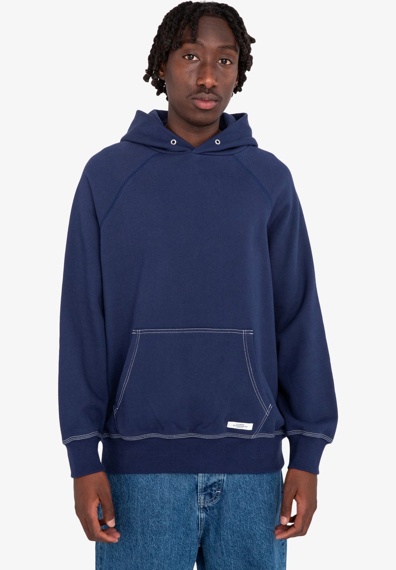 Navy hoodie with a kangaroo pocket, ribbed cuffs, and hem. Features contrasting white stitching and a drawstring on the hood.