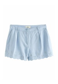 Shorts in cotone azzurro chiaro con orlo a scallop e ricami floreali, dotati di chiusura frontale con bottone e due tasche laterali.