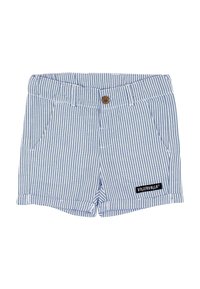 Gestreepte shorts van blauw en witte katoen, met een knoopsluiting, twee zijzakken en een zwart merklabel.