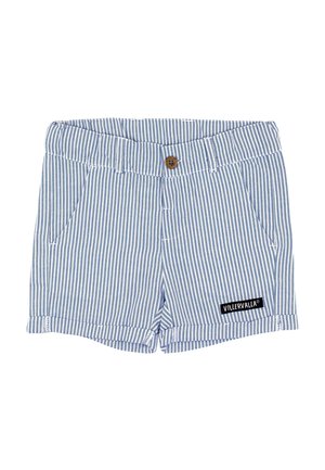 Gestreepte shorts van blauw en witte katoen, met een knoopsluiting, twee zijzakken en een zwart merklabel.