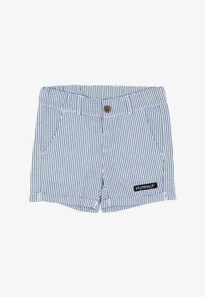 Striped shorts in blue and white cotton fabric, featuring a button closure, two side pockets, and a black brand label.