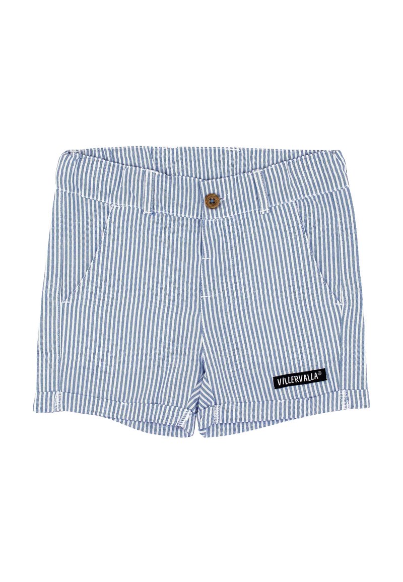 Gestreepte shorts van blauw en witte katoen, met een knoopsluiting, twee zijzakken en een zwart merklabel.