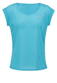 Sportovní tričko v akvamarínově modré barvě s krátkými rukávy, kulatým výstřihem a jemným stříbrným logem značky Nike na horní levé straně hrudi.