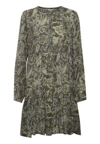 Pitkähihaista mekkoa oliivinvihreänä, jossa on vaaleanvihreitä ja valkoisia paisley-kuvioita. Mekossa on pyöreä kaula-aukko ja liehuva helma.