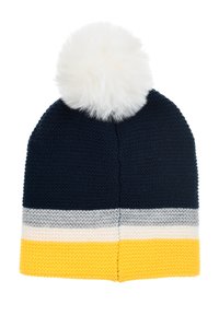Beanie lavorato a maglia in blu navy, con un pom-pom in pelliccia bianca e strisce orizzontali in grigio, bianco e giallo sul bordo. Texture morbida.
