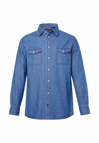 Camicia di denim di colore blu medio, con colletto a punta, due tasche sul petto e chiusura a bottoni. Maniche lunghe con polsini abbottonati.