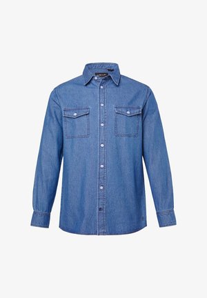 Denim-paita keskisinisestä, jossa on terävä kaulus, kaksi rintataskua ja nappi-etuosa. Pitkät hihat, joissa on nappikiinnitteiset hihansuut.