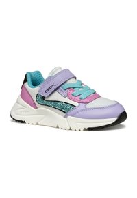 Sneakers per bambini in pelle bianca, lilla e rosa, con un accento glitterato in teal, cinturino regolabile e suola testurizzata.