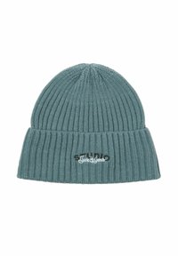 Strikket beanie i blå-grå med en foldet ribbet manchet. Har broderet branding i sort. Blød tekstur. Designet til varme.