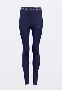 Marineblaue Leggings mit tailliertem Schnitt aus dehnbarem Material. Versehen mit einem weißen "Techfit"-Logo und einem Akzentlogo an der Seite.