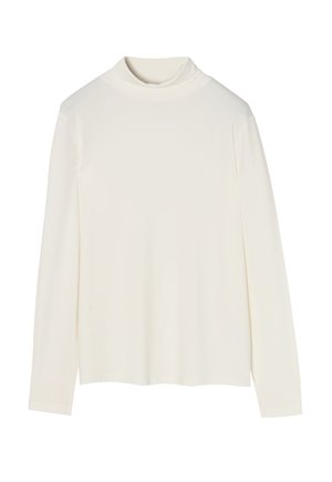 Top cu mâneci lungi și gât înalt, dintr-un material alb moale. Prezintă o textură netedă și mâneci ajustate, având o croială lejeră pe corp.