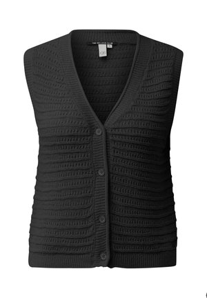 Zwarte mouwloze gebreide vest met V-hals, knoopsluiting aan de voorkant en een horizontaal geribd textuurpatroon.