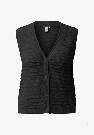 Zwarte mouwloze gebreide vest met V-hals, knoopsluiting aan de voorkant en een horizontaal geribd textuurpatroon.