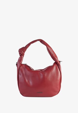 Borsa a tracolla in morbida pelle rossa con manico annodato e chiusura con zip, caratterizzata da un sottile logo del marchio sulla parte anteriore.
