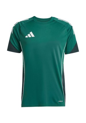 Groen sportief t-shirt met korte mouwen, witte accenten op de schouders en zijkanten, gemaakt van ademende stof, met het label "AEROREADY" aan de zoom.