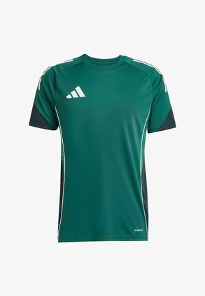 Groen sportief t-shirt met korte mouwen, witte accenten op de schouders en zijkanten, gemaakt van ademende stof, met het label "AEROREADY" aan de zoom.