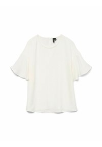 Haut blanc à manches courtes avec un col rond et des manches évasées. Fabriqué en tissu texturé avec un motif subtil. Fermeture éclair au dos.