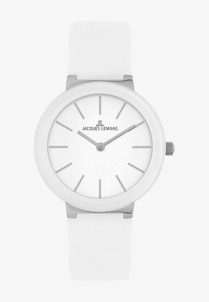 Witte siliconen horloge met een ronde kast, minimalistische witte wijzerplaat, zilveren uuraanduiders en logo. Eenvoudig, modern ontwerp zonder extra functies.