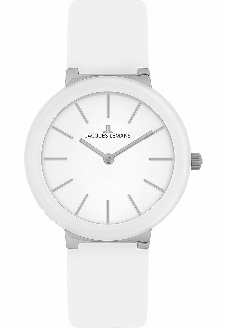 Weißer Silikonarmbanduhr mit rundem Gehäuse, minimalistischem weißen Zifferblatt, silbernen Stundenmarkierungen und Logo. Einfaches, modernes Design ohne zusätzliche Funktionen.