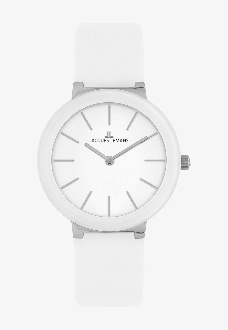 Weißer Silikonarmbanduhr mit rundem Gehäuse, minimalistischem weißen Zifferblatt, silbernen Stundenmarkierungen und Logo. Einfaches, modernes Design ohne zusätzliche Funktionen.