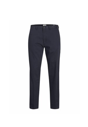 Navy zila kokvilnas bikses ar taisnu piegriezumu, ar priekšējo pogu aizdari, jostas cilpiņām un sānu kabatām.
