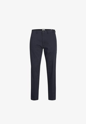 Modre hlače iz bombaža s ravnim krojem, z sprednjim gumbom, zanka za pas in stranskima žepoma.