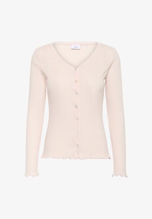 Hellrosa Strickjacke aus strukturiertem Stoff mit V-Ausschnitt, langen Ärmeln und gewelltem Saum. Verfügt über vordere Knöpfe und ein geripptes Muster.